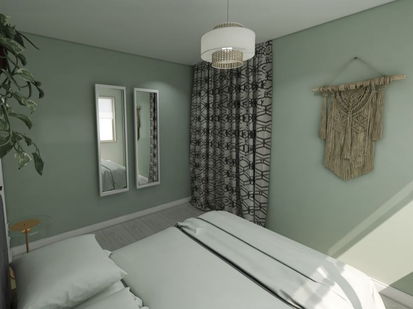 Exemple d'une chambre parentale tendance de taille moyenne avec un mur vert, un sol en contreplaqué et un sol gris.