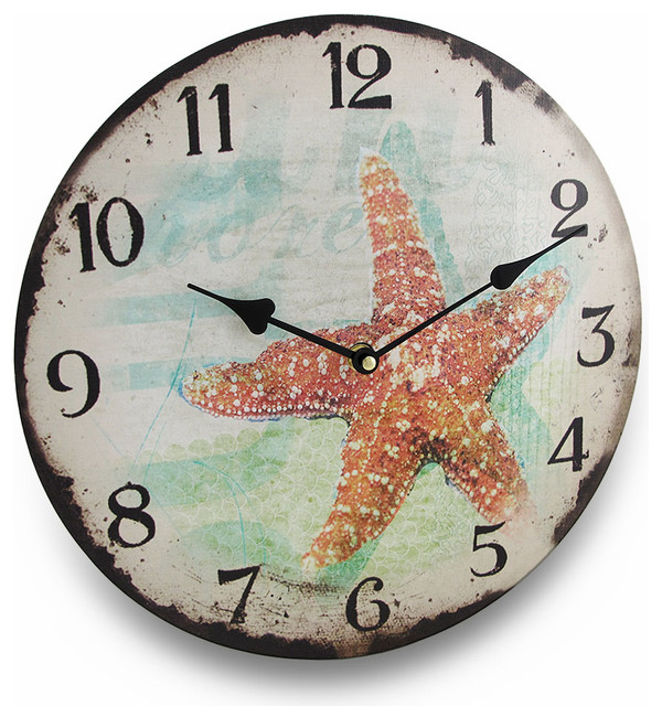 Weathered Look Starfish Round Nautical Wall Clock 13 in. Beach Style