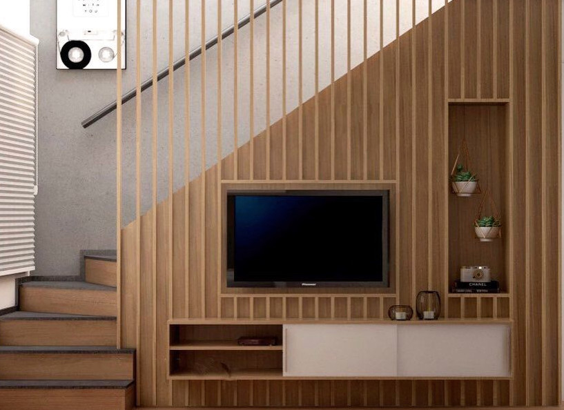 aménagement espace sous escalier mur tv