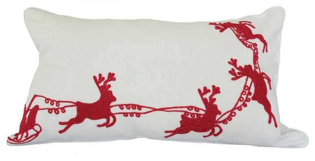 Santa's Sleigh With Bells/Reindeer Crewel Holiday Feather Filled Pillow