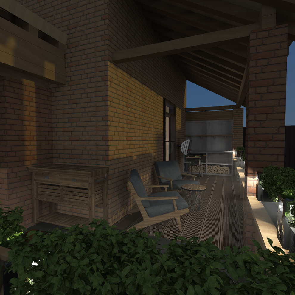 Интерьеры двухэтажной бани. Зона барбекю. Вечерний вид