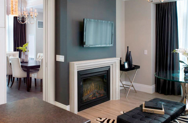 Create a unique focal point in a living room with a beautiful fireplace mantel.