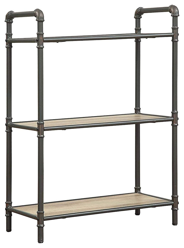 Benzara BM184752 Four-Tier Metal Bookshelf With Wooden Shelves, Oak Brown & Gray