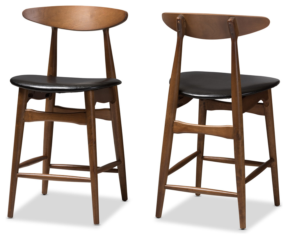 Flora Faux Leather Upholstered Walnut Finished Counter Stool, Set of 2