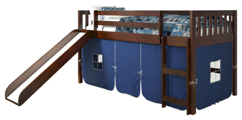 Kids Hutchens Low-Loft Bed With Slide, Blue Tent