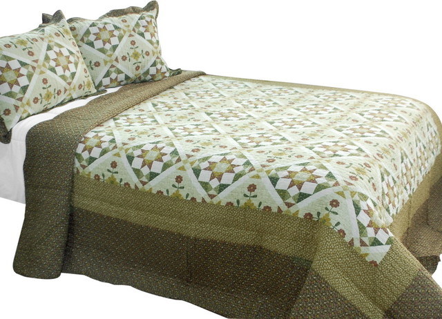 Blooming Flowers Cotton 3PC Vermicelli-Quilted Printed Quilt Set Full ...