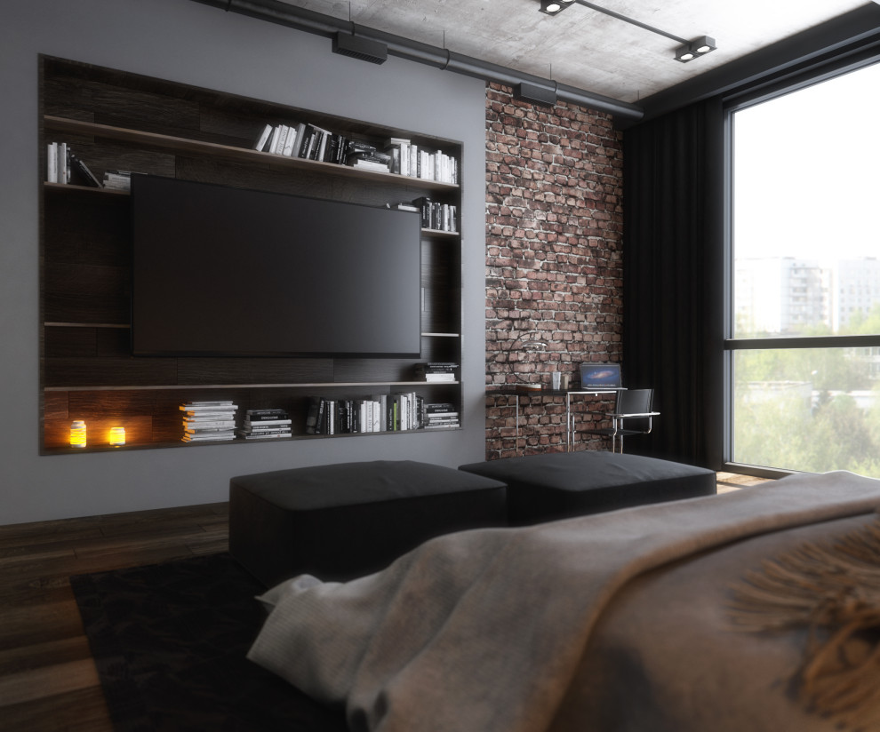 This is an example of a large industrial master bedroom in Moscow with beige walls, dark hardwood floors, beige floor and recessed.