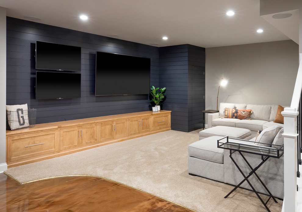 Photo of a mid-sized contemporary fully buried basement in Columbus with a home bar and planked wall panelling.