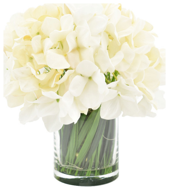 White Hydrangeas in a Glass Vase With Realistic Acrylic Water