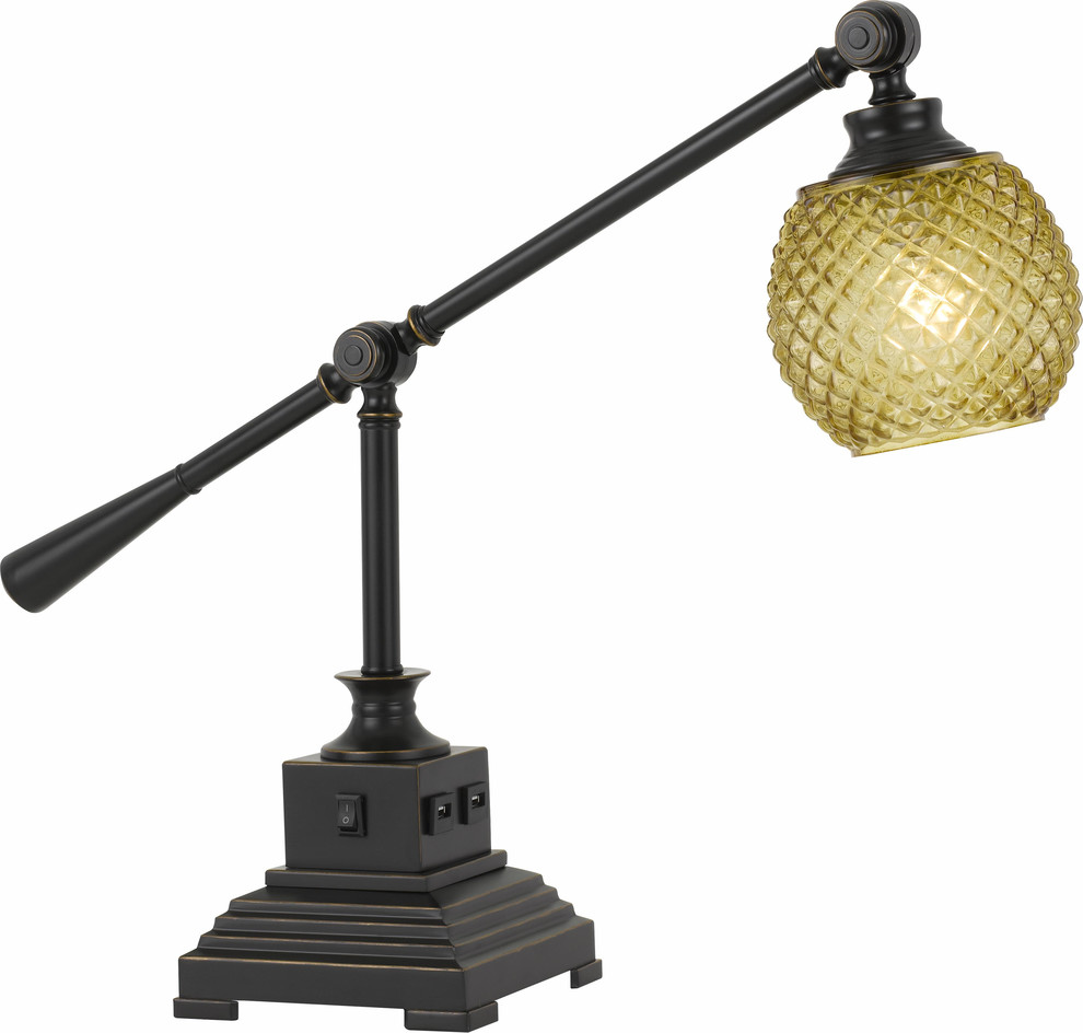 60W Brandon Metal Desk Lamp With Glass Shade And 2 Usb Outlets