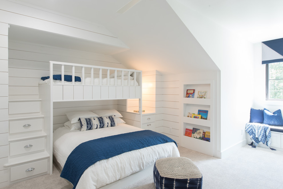Bedroom beach style gender-neutral carpeted and gray floor kids' bedroom photo in Houston with white walls