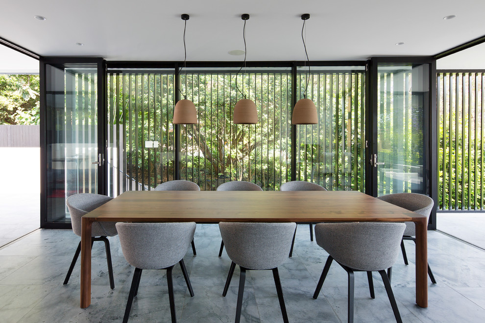 Contemporary open plan dining in Sydney with no fireplace.