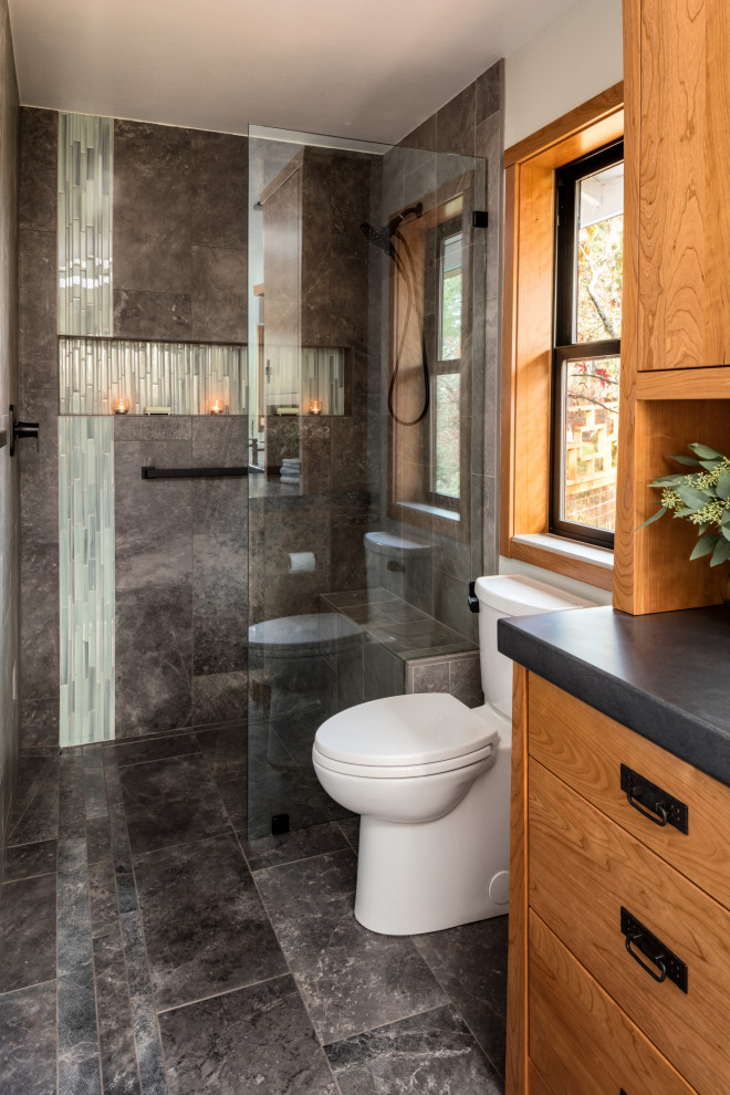 Mid-sized master porcelain tile, gray floor, double-sink and wallpaper bathroom photo in Other with flat-panel cabinets, medium tone wood cabinets, an integrated sink, concrete countertops and a built-in vanity