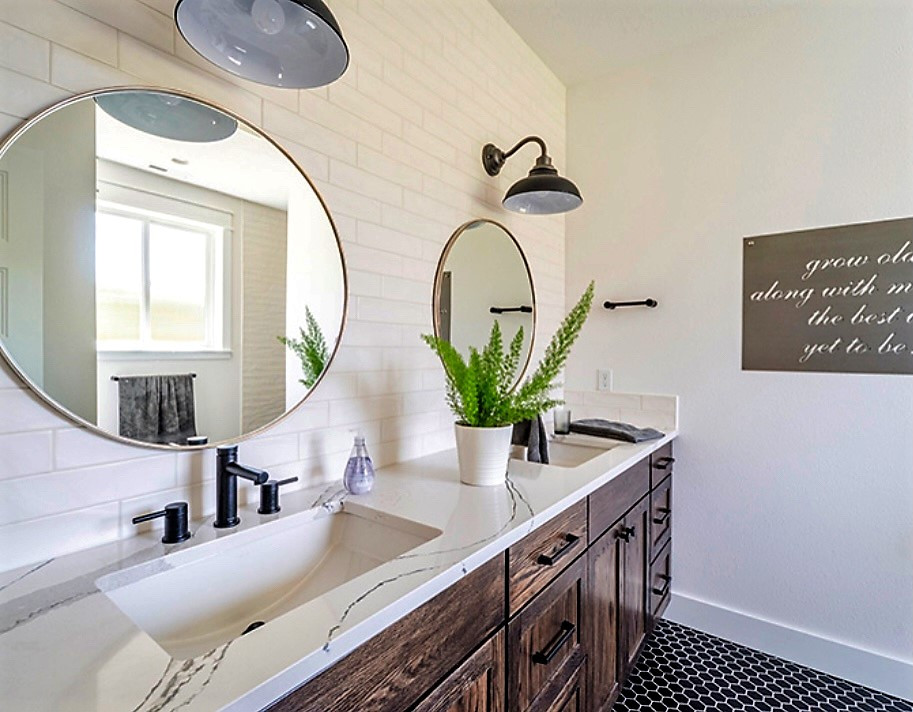 Example of a large 1950s master white tile and subway tile double-sink bathroom design in New York with shaker cabinets, brown cabinets, quartzite countertops, yellow countertops and a freestanding vanity