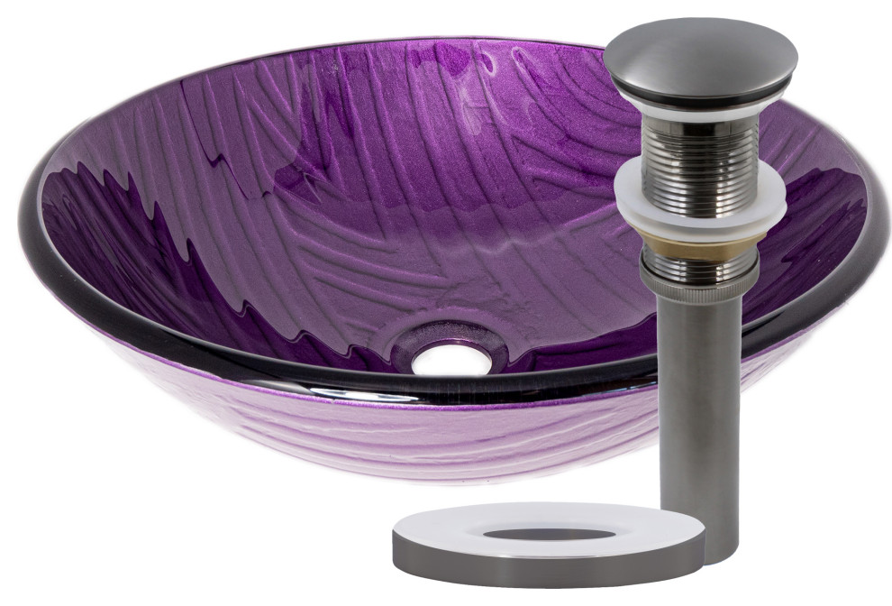 Viola Hand Painted Purple Glass Bathroom Vessel Sink with Drain, Gunmetal