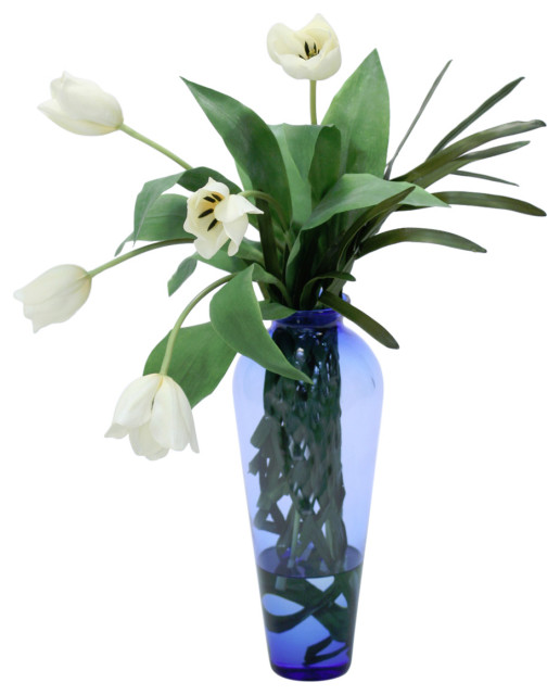 White Tulips Wrapped in Woven Blades in Tall Blue Vase