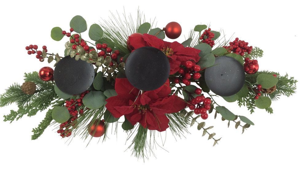 32" Triple Candle Holder with Red Berry and Poinsettia Christmas Decor