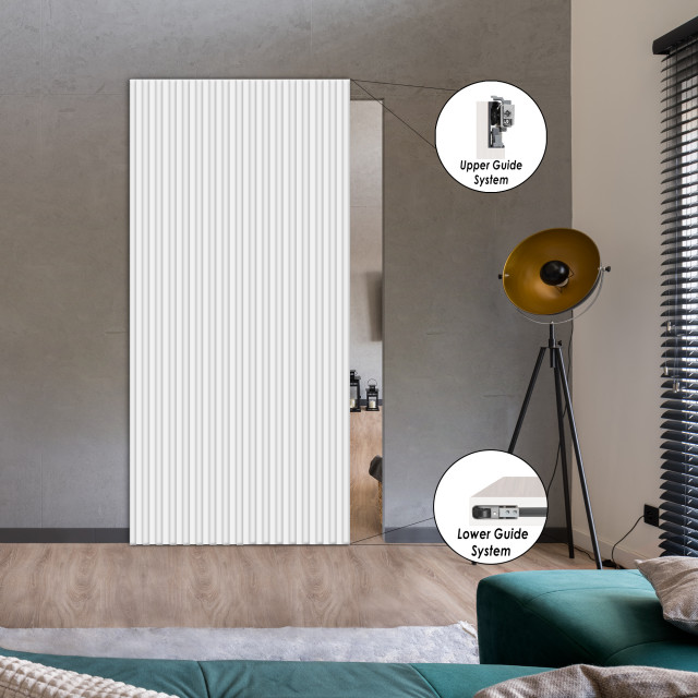 Fluted Wooden Sliding Barn Door Hidden Invisible Hardware, 48" X 84