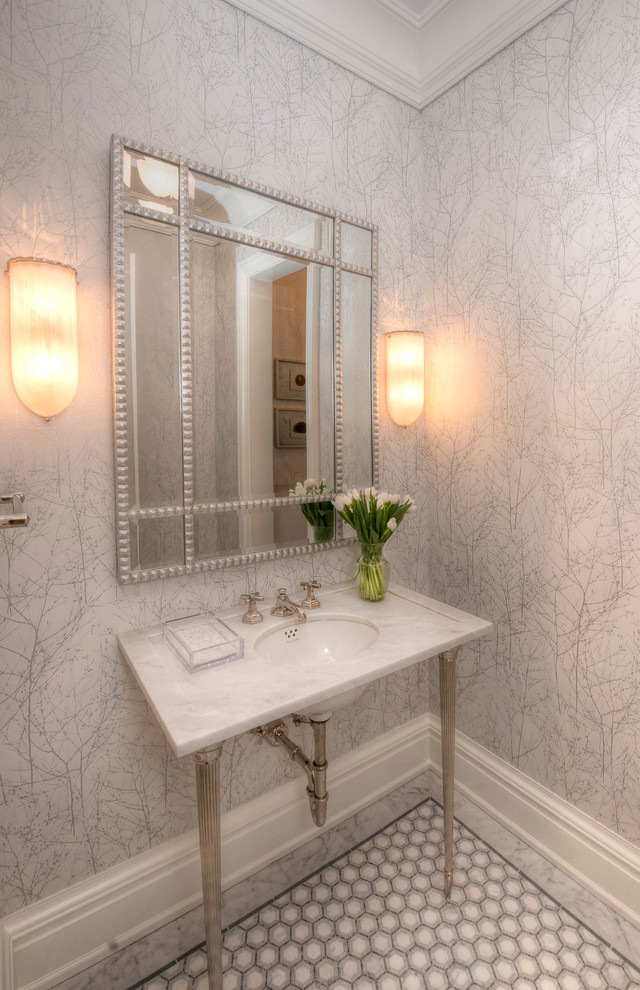 Photo of a mid-sized transitional powder room in Other with grey walls, mosaic tile floors, an undermount sink, marble benchtops and multi-coloured floor.