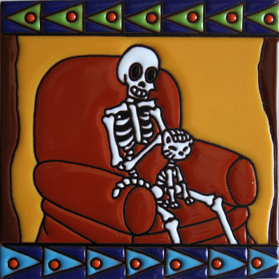 6x6 Purr Time. Day-Of-The-Dead Clay Tile