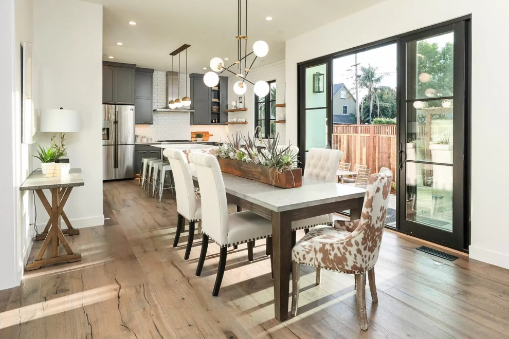 Inspiration for a mid-sized transitional kitchen/dining combo in San Francisco with light hardwood floors, multi-coloured floor and recessed.