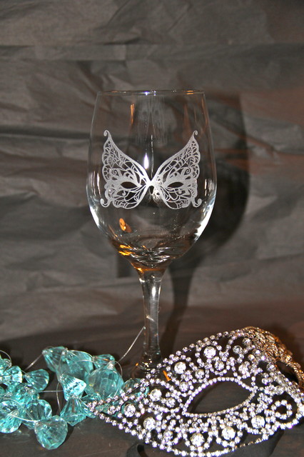 A pair of Hand Etched Masquerade Mask Wine glass