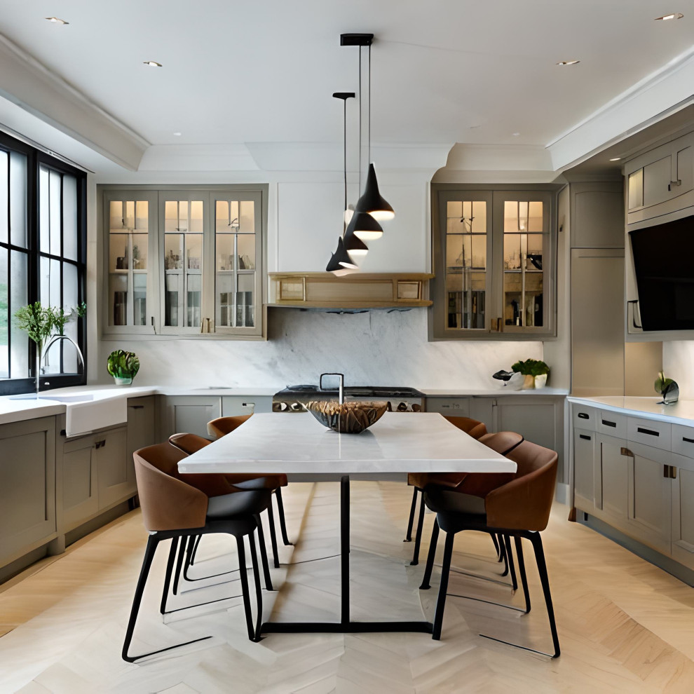 Large trendy u-shaped painted wood floor, beige floor and tray ceiling eat-in kitchen photo with a farmhouse sink, glass-front cabinets, gray cabinets, quartzite countertops, white backsplash, marble backsplash, stainless steel appliances, no island and white countertops