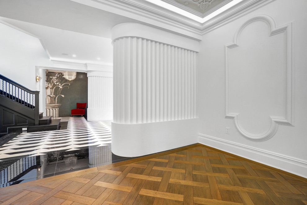 Hallway with Herringbone Parquet Floor & Ornate Plaster Molding – Historic Renov