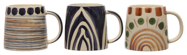 4.25 Inches Stoneware Mug With Geometric Pattern Prints, Multicolor, Set of 3