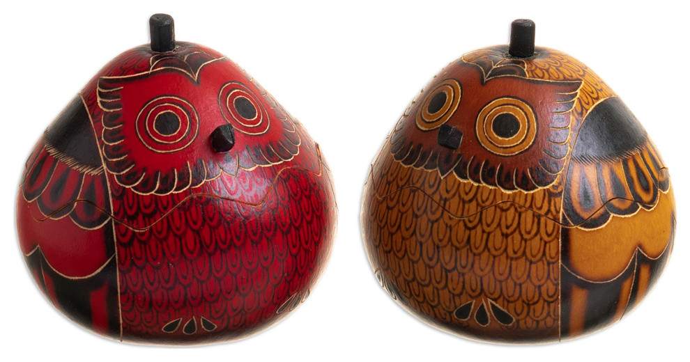 Novica Handmade Fortunate Owls, Pair Dried Mate Gourd Decorative Boxes