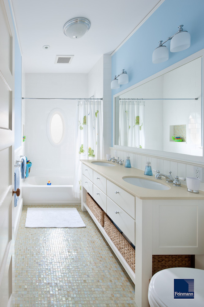 Inspiration for a mid-sized victorian kids' mosaic tile and multicolored tile mosaic tile floor tub/shower combo remodel in Other with flat-panel cabinets, white cabinets, engineered quartz countertops and blue walls