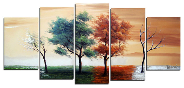 Nature Four Seasons" Hand-Painted Canvas, 4-Panel, 60"x32" - Contemporary -  Prints And Posters - by Fabuart