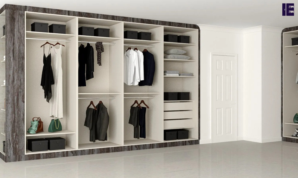 Photo of a large modern built-in wardrobe in London with flat-panel cabinets and dark wood cabinets.