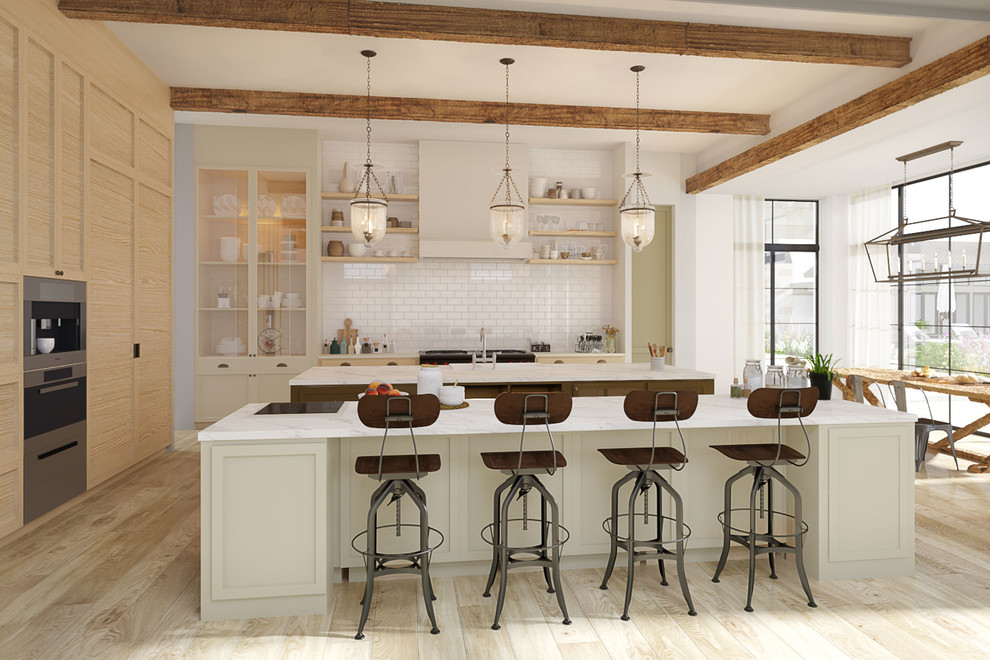 Photo of a large country single-wall eat-in kitchen in Los Angeles with a farmhouse sink, recessed-panel cabinets, light wood cabinets, marble benchtops, white splashback, subway tile splashback, stainless steel appliances, light hardwood floors, multiple islands and beige floor.