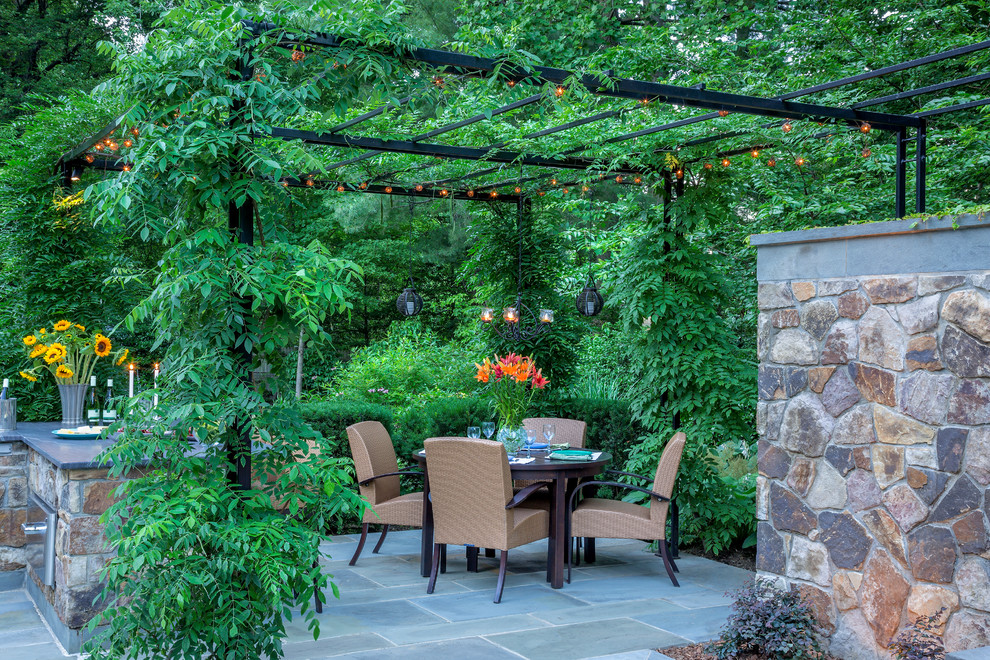 Design ideas for a traditional backyard patio in DC Metro with a fire feature, natural stone pavers and no cover.