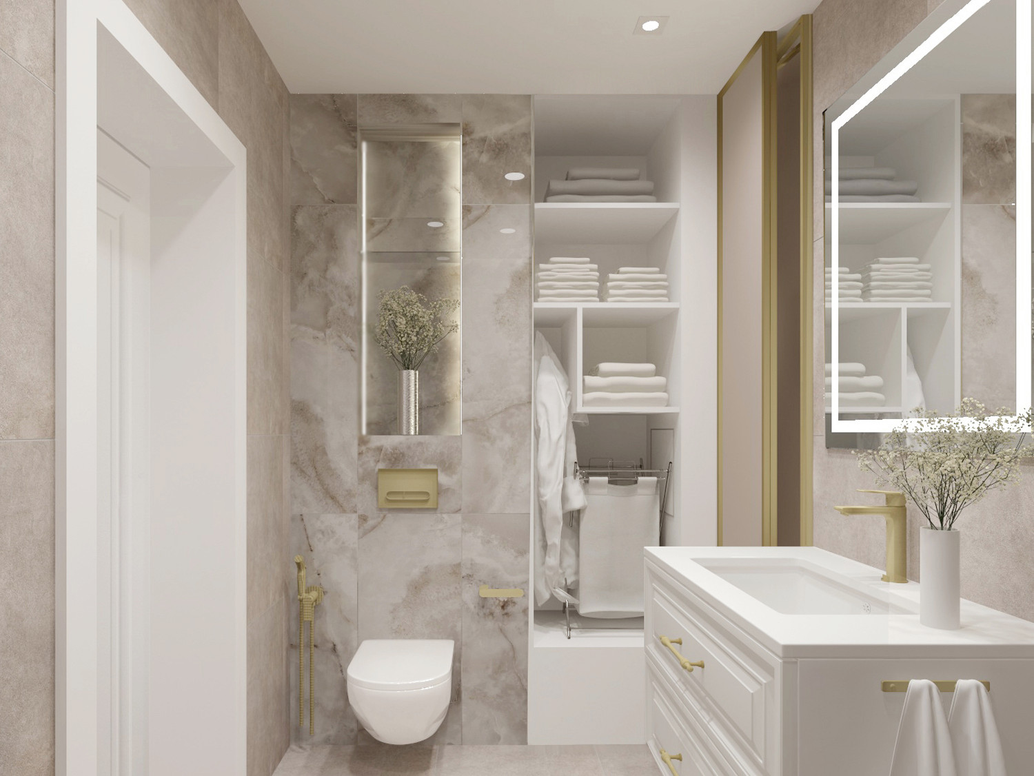 Санузел с просторной душевой в интерьере 2-х комнатной квартиры.