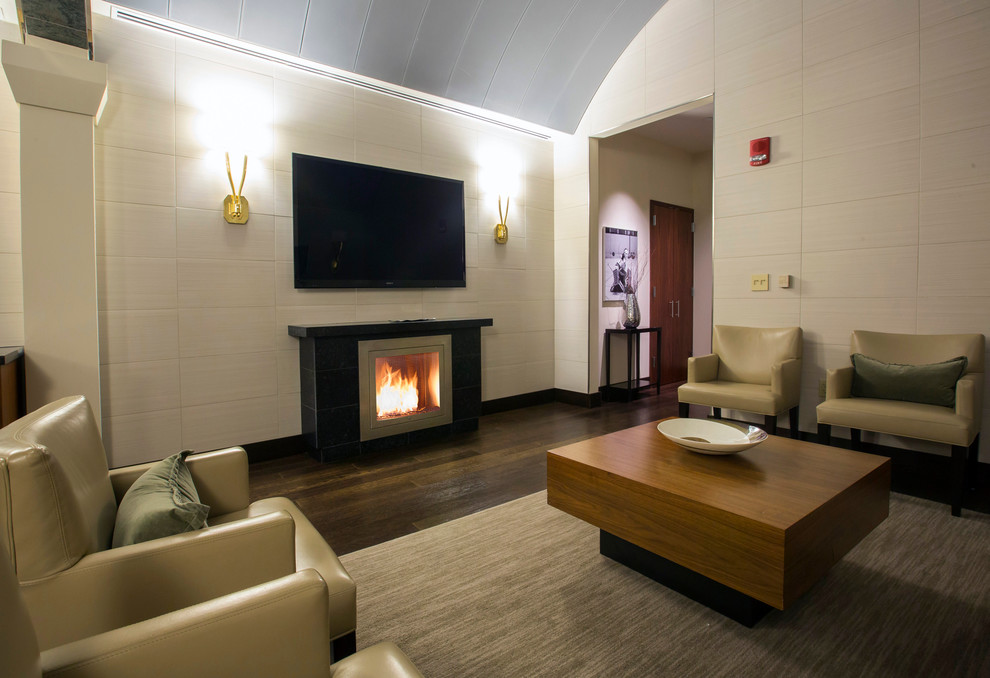 This is an example of a modern living room in New York with a standard fireplace and a stone fireplace surround.