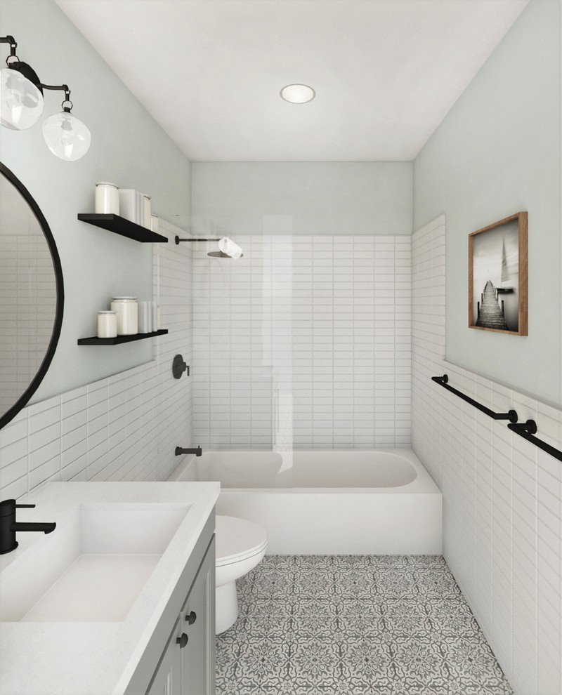 Design ideas for an industrial bathroom in New York with grey cabinets, yellow tile, ceramic tile, green walls, cement tiles, an undermount sink, engineered quartz benchtops, grey floor and white benchtops.