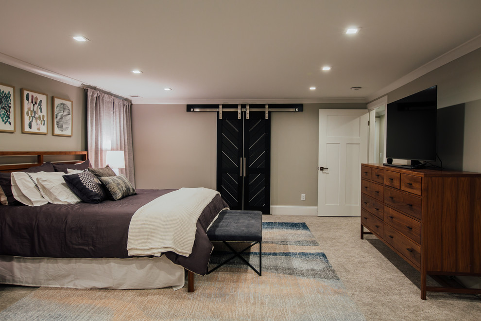 Example of a huge transitional master carpeted and gray floor bedroom design in Denver with gray walls, a standard fireplace and a brick fireplace