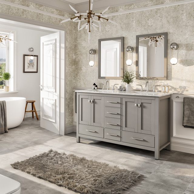 Eviva Aberdeen Gray Transitional Double Sink Vanity With White Carrara ...