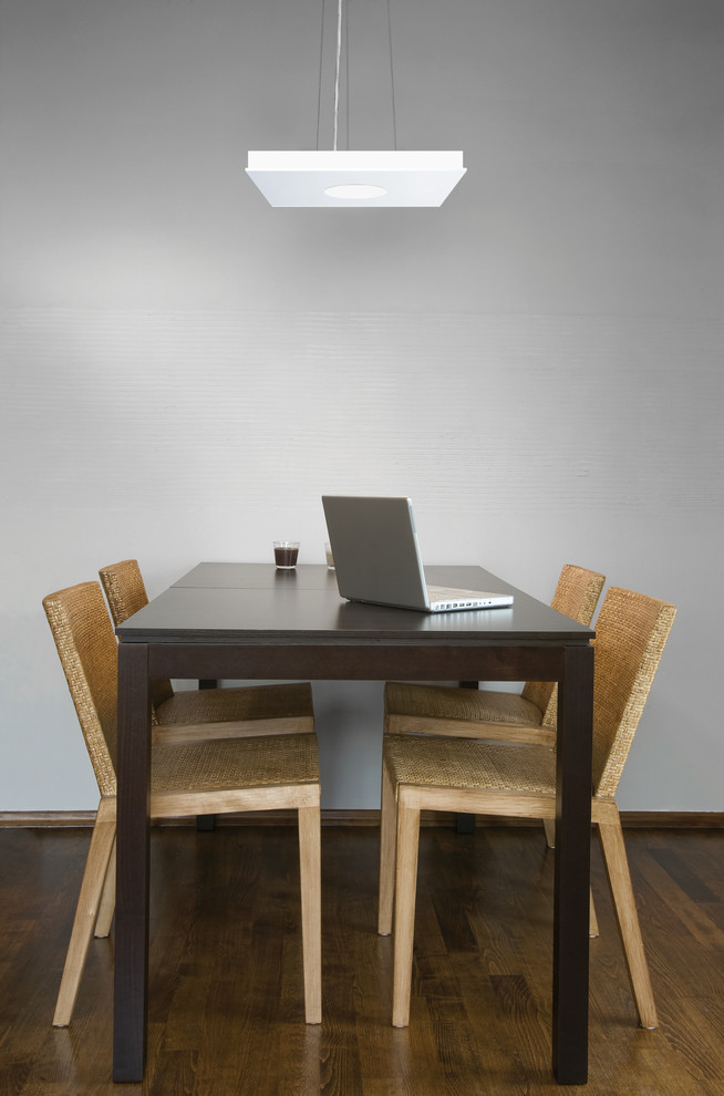 Modelo de comedor actual pequeño abierto sin chimenea con paredes blancas y suelo de madera oscura