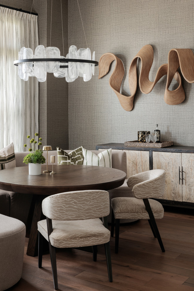 Kitchen/dining room combo - mid-sized transitional medium tone wood floor, brown floor and wallpaper kitchen/dining room combo idea with gray walls