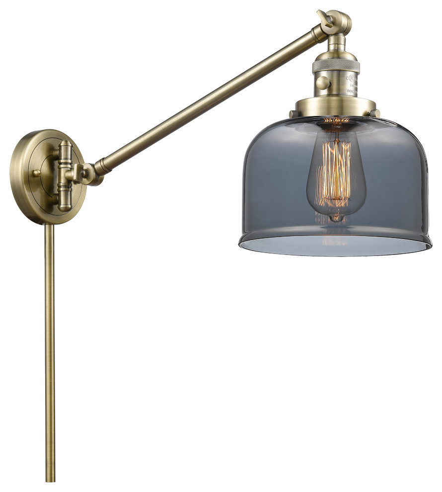 Large Bell 1-Light Swing Arm Light, 8", Antique Brass, Glass: Plated Smoked
