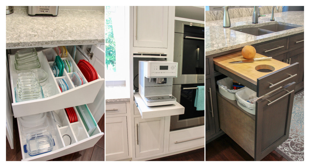 Inspiration for a huge transitional l-shaped dark wood floor kitchen pantry remodel with an undermount sink, shaker cabinets, white cabinets, quartzite countertops, gray backsplash, ceramic backsplash, stainless steel appliances and two islands