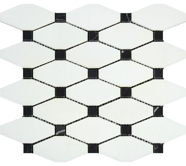 12"x12" Thassos Honed Marble Octave Mosaic, Black Dots, Set of 50