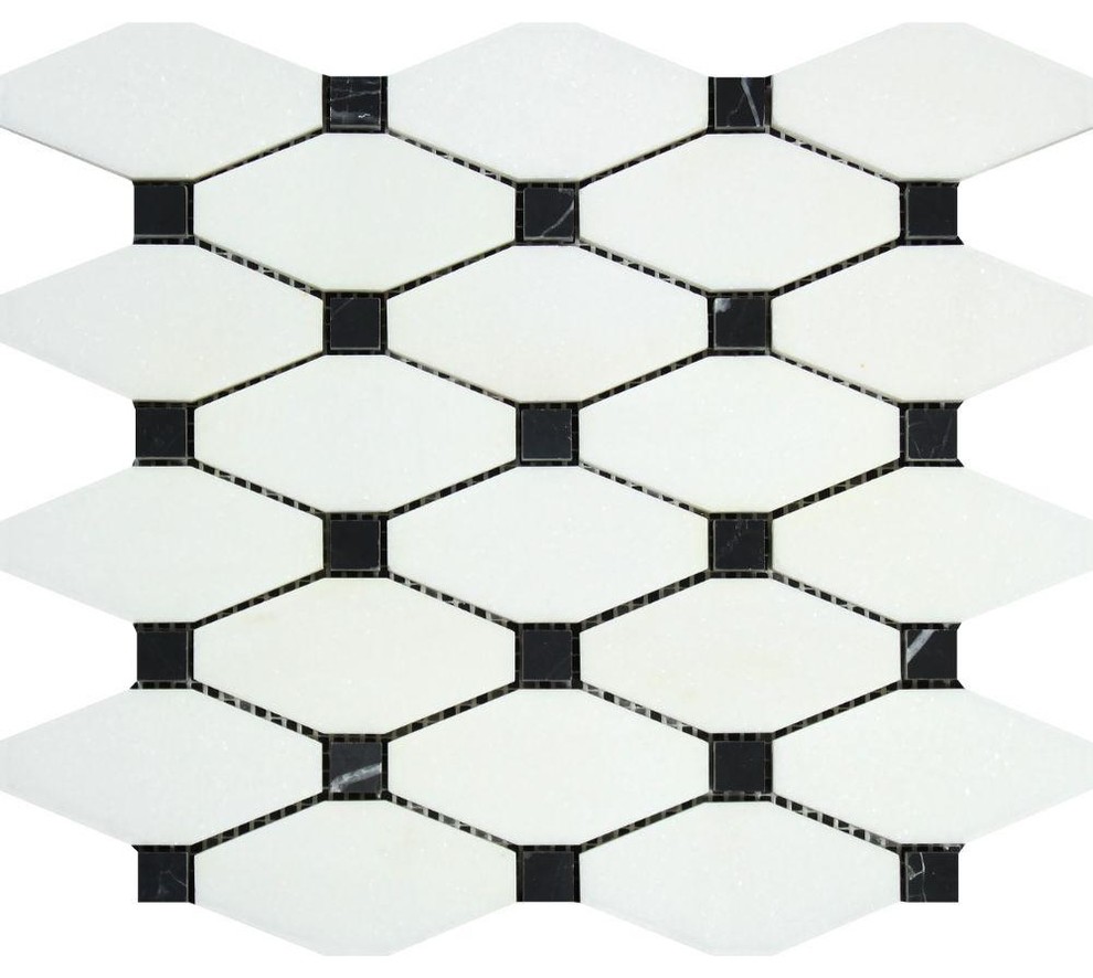 12"x12" Thassos Honed Marble Octave Mosaic, Black Dots, Set of 50