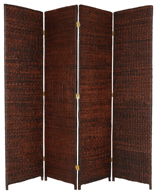 6' Tall Rush Grass Woven Room Divider, 4 Panel, Dark Brown