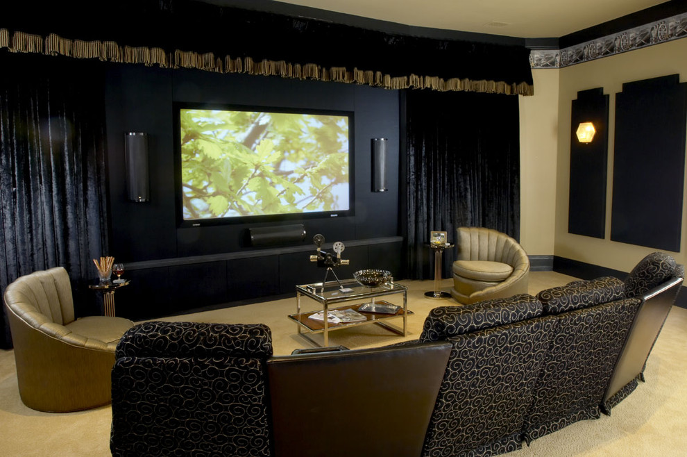 Large eclectic enclosed home theatre in DC Metro with carpet, a projector screen and beige floor.