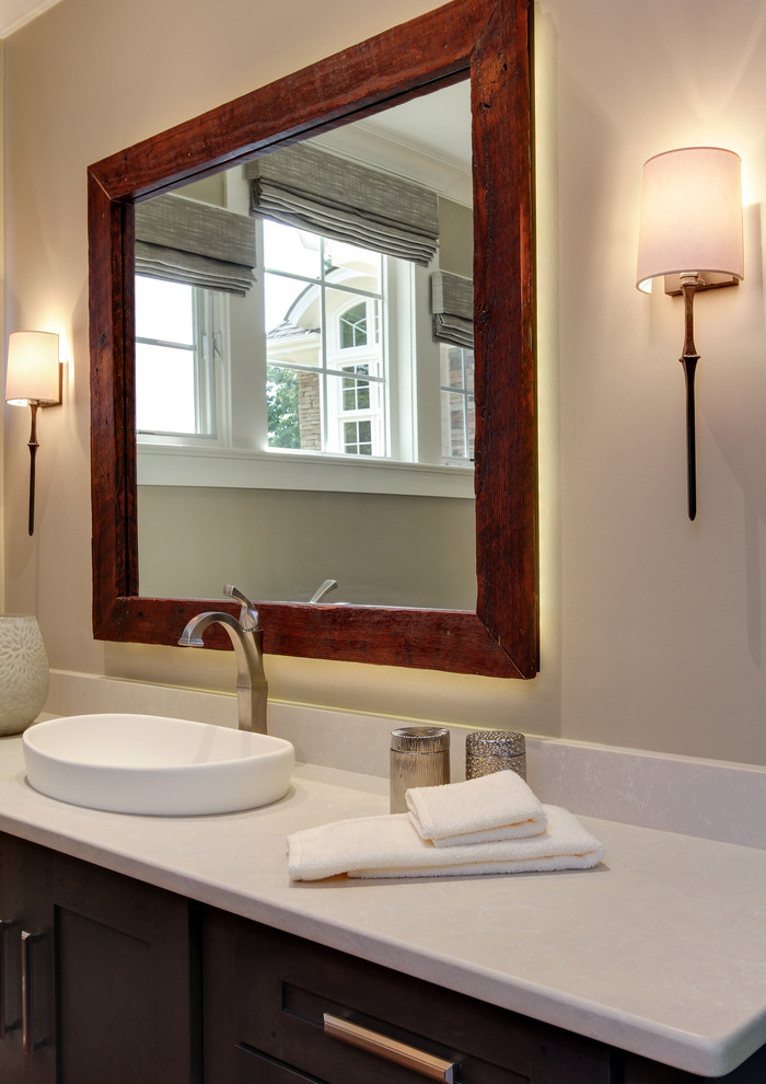 Inspiration for a transitional master bathroom in Raleigh with flat-panel cabinets, grey cabinets, engineered quartz benchtops, white tile, stone tile, a freestanding tub, a double shower, a vessel sink and medium hardwood floors.