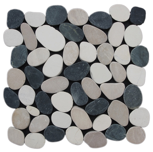 12"x12" Sliced Interlocking Pebble Tile, Black, White & Tan